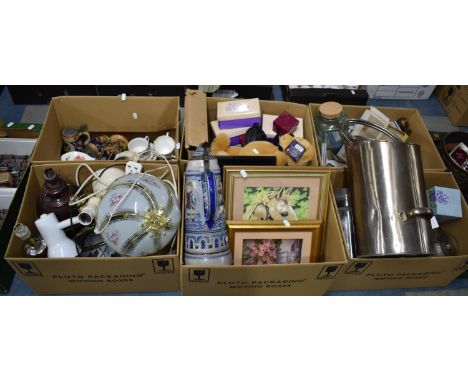 Six Boxes of Various Sundries to comprise Teawares, Lamp Bases, Table Lamps, Large Salt Glazed Stein, Teddy bear Etc 