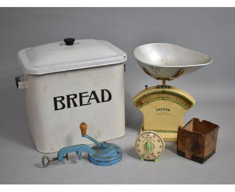 A Collection of Vintage Kitchenalia to Comprise Enamelled Bread Bin, Set of Salter Scales, Smith's "Pinger" Timer and Bean Sl