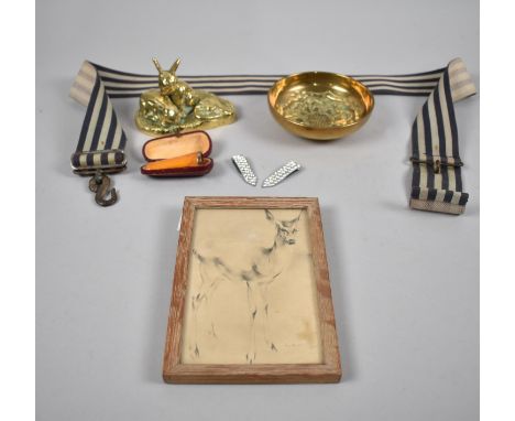 A Brass Ornament, Rabbits and Frog together with Vintage Bells, Brass Bowls and Prints 