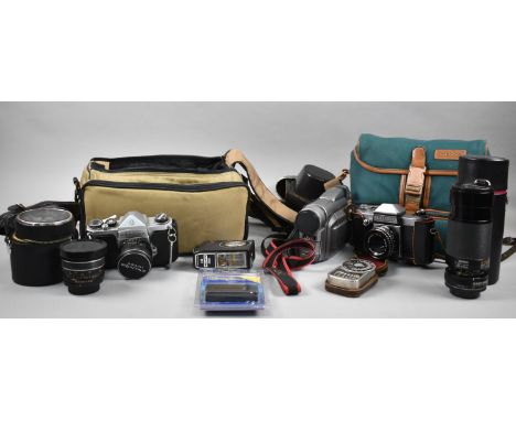 A Praktica 35mm Camera, Two Camera Bags, JVC Camcorder Together with Other Vintage Cameras, Lens and Accessories 