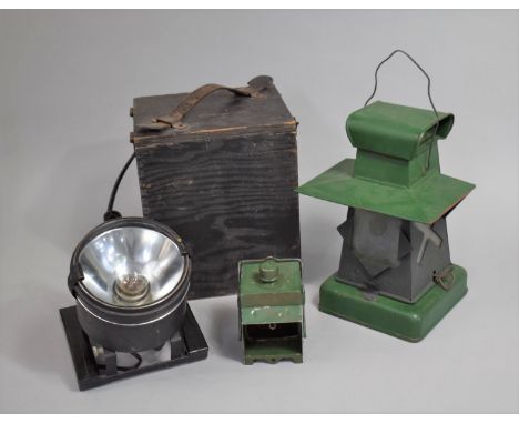 A WWII Period, Green Painted Air Raid Shelter Lamp, Small Signaling Lamp with Push Button Switch and a Boxed Morse Code Signa