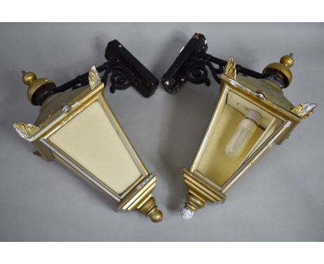 A Pair of Late 20th Century Victorian Style Wall Hanging Lanterns, 57cms High, One Perspex Panel in Need of Re-fixing, Weathe