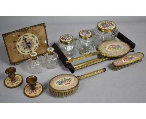 A Mid 20th Century Dressing Table Set to Include Mantle Clock, Candlesticks, Mirrored Tray etc 