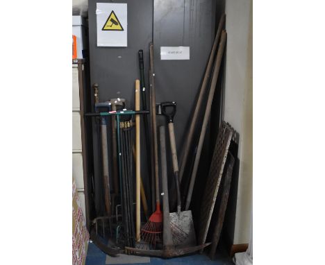 A Collection of Various Garden Tools, Drain Rods Etc 