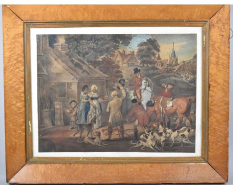 A Vintage Maple Framed Sporting Print, Fox Hounds and Huntsmen Outside Pub, 49x37cm 