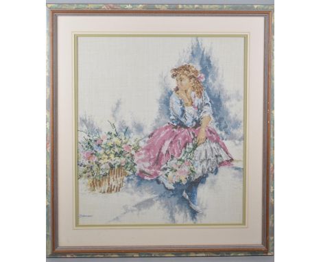A Framed Tapestry, Seated Girl Beside Flowers, 49x55cm 