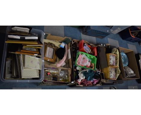 Five Boxes of Various Sundries to comprise Pictures and Prints, Vintage Souvenir Dolls, Sewing Box, Ceramics Etc 