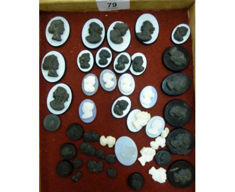 A collection of early/mid 20thC, oval, coloured glass portrait cameos  largest 1.5'' x 1''       S