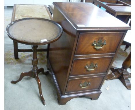 A modern mahogany finished three drawer pedestal chest with brass bail handles, raised on bracket feet  25''h  13''w; and a c