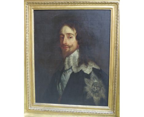 OIL ON CANVAS PORTRAIT OF CHARLES I IN A GILT FRAME, THE BACK OF THE CANVAS MARKED: 'KING CHARLES THE 1ST HENRY STONE, AFTER 