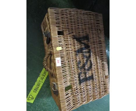 SMALL WICKER PICNIC HAMPER WITH CONTENTS.