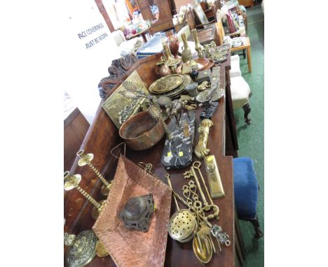 LARGE SELECTION OF COPPER AND BRASS WARE INCLUDING DESK WEIGHTS , COUNTER BELL , BEATEN COPPER PLATTER , CANDLE STICKS , MODE