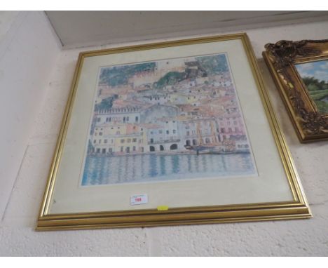 FRAMED AND GLAZED COLOURED PRINT OF TROPICAL BUILDINGS.