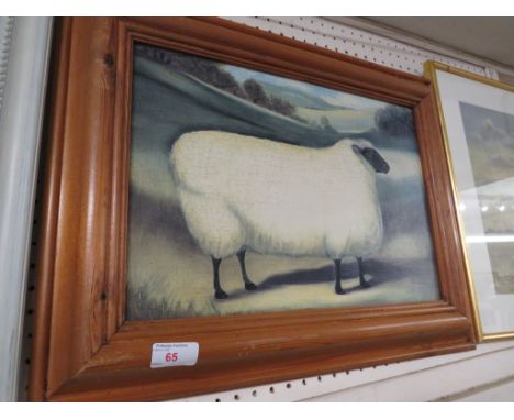 PRINT ON BOARD OF A SHEEP IN A PINE FRAME.