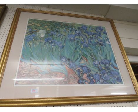 LARGE FRAMED AND GLAZED COLOURED PRINT OF FLOWERS.