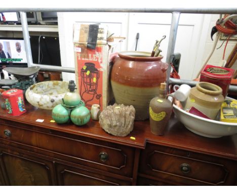 SELECTION OF VINTAGE HOUSEHOLD AND DECORATIVE ITEMS , INCLUDING WEIGHING SCALES , STONE WARE JARS, OPAQUE GLASS LIGHT SHADE, 