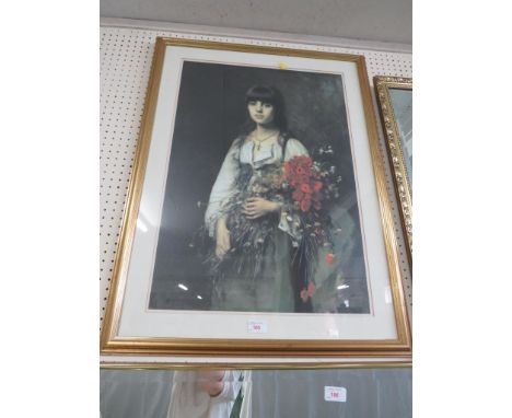 LARGE FRAMED AND GLAZED PRINT OF GIRL WITH FLOWERS.