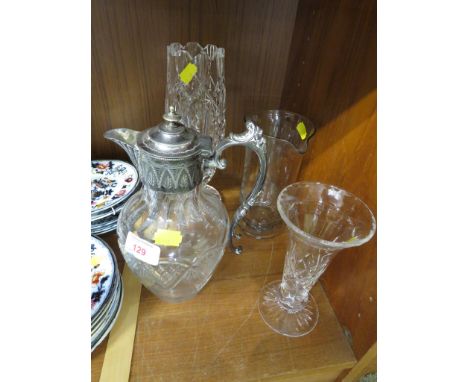 CUT GLASS CLARET JUG WITH SILVER-PLATED HANDLE, WATERFORD CRYSTAL VASE, STUART CRYSTAL VASE AND ETCHED JUG