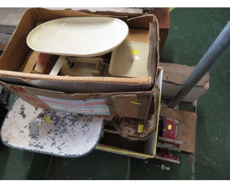 TWO SETS OF WEIGHING SCALES WITH WEIGHTS , TOGETHER WITH VICE.