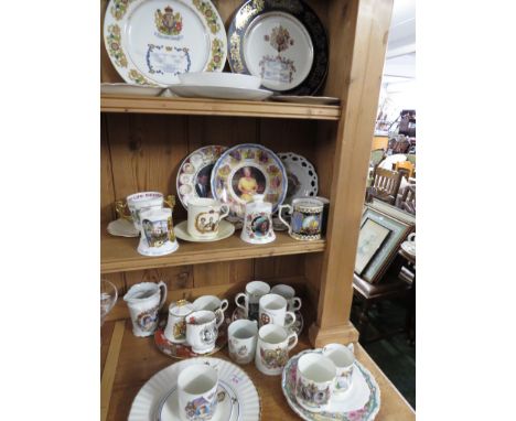 THREE SHELVES OF MAINLY ROYAL COMMEMORATIVE CHINA WARE , INCLUDING DISPLAY PLATES , CUPS AND SAUCERS , MUGS.