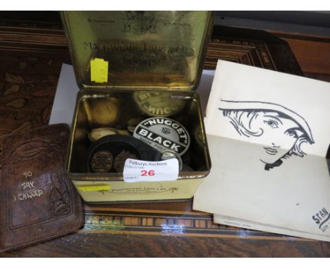 MACFARLANE BISCUIT TIN WITH CONTENTS OF PRE-DECIMAL COINS, VINTAGE SHOE POLISH TIN, EMBOSSED LEATHER WALLET, A POSTCARD, SKET