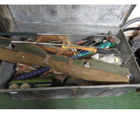 **amended description - golf clubs withdrawn from this lot**PAINTED STEEL TRUNK WITH CONTENTS OF ASSORTED SPORTING OUTDOORS E