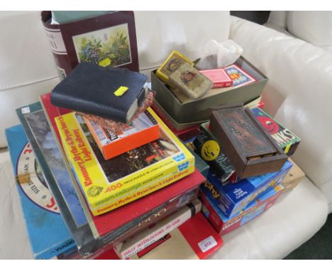 SELECTION OF JIG SAW PUZZLES, CARD GAMES, WOODEN CHEQUERS, WOODEN CHESS PIECES, ETC