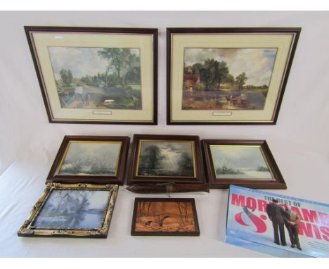 3 small framed oil paintings depicting snow scenes all signed - copper picture, framed print, DVD and book set 'The Best of M