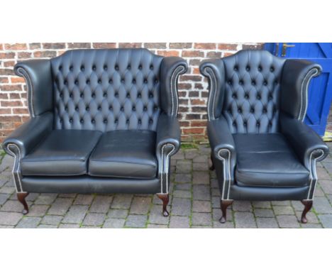 Black leather button back sofa &amp; armchair