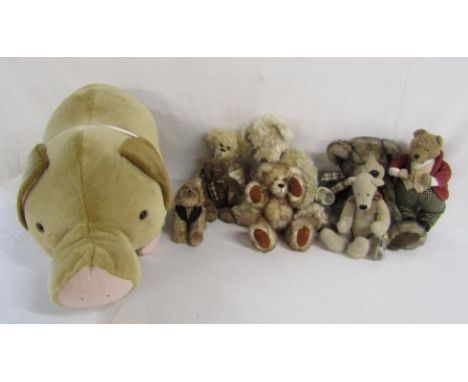 Large Merrythought pig and other teddies includes Anna Club plush, Bele bears and Russ