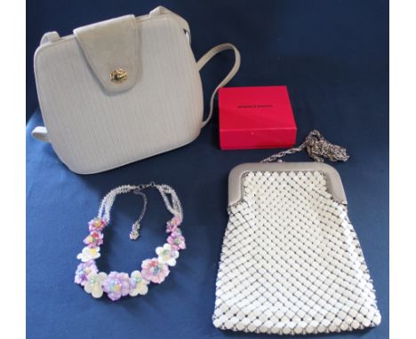 Butler &amp; Wilson flower necklace (with box), Whiting &amp; Davis Co USA fish scale bag, Jacques Vert handbag with box, but