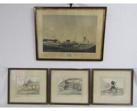 3 hand coloured riding prints 'Doing the Down Leap' - 'The Down Leap Done' - 'Doing it Furiously' and 'A View of Barton Ferry
