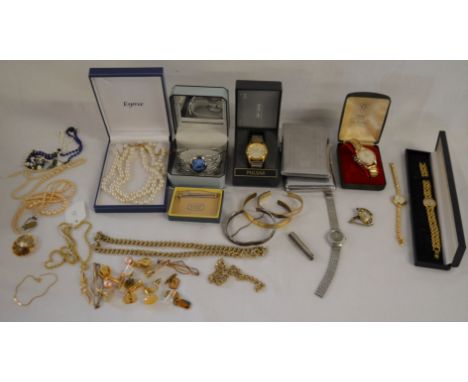 2 gentlemen's watches, 5 ladies watches, costume jewellery, cigarette cases, St Christopher silver pendant with chain, anothe