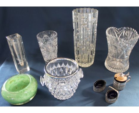 Selection of glassware including ice bucket, geometric vase, green glass dish &amp; WMF white metal 3 piece condiment set