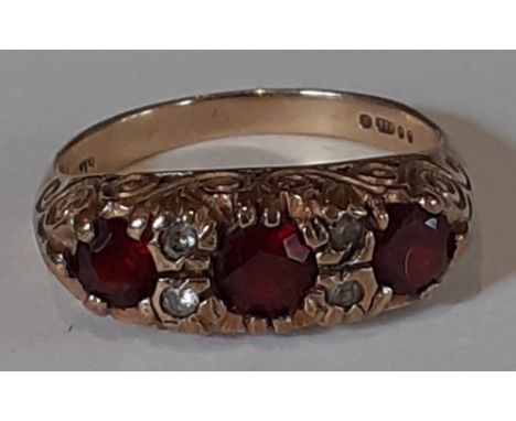 9ct gold, ruby &amp; diamond chip ring, size L, 3.2g