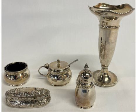 Selection of silver including pepper pot, ornate trinket box, salt pot, mustard pot and vase, total weight 8.3ozt&nbsp;