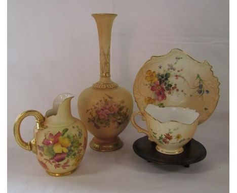 Royal Worcester Blush Ivory ewer style jug 1094, long necked vase 1661 (damage/repaired) and Empress pattern cup and saucer R