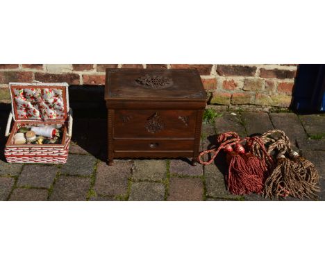 Ornate flower carved box, 4 curtain tie backs and a sewing box with content&nbsp;