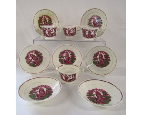 Faith, Hope and Charity Sunderland Temperance pink lustre 4 cups and 7 saucers (lustre worn)