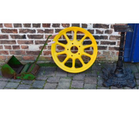 Tractor wheel, cast iron table base and child's Webb hand push lawn mower&nbsp;