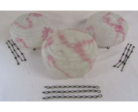 Pair of Art Deco glass flycatcher ceiling light shades with chains and one similar&nbsp;