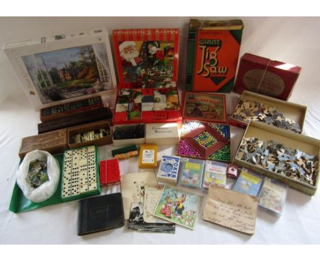 Vintage wooden jigsaws, dominoes, cribbage boards, Christmas toy blocks, Nella's Ball Mosaic, talking book cassette tapes, au