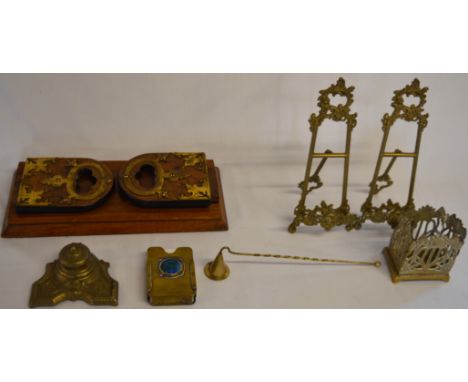 Selection of brassware, including inkwell, picture stands, candle snuffer, playing cards holder with cards and wooden sliding