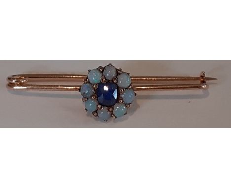 Tested as 15ct opal &amp; sapphire cluster bar brooch 1.6g (1 x opal chipped)