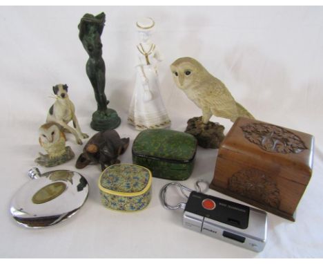 Collection of items to include - Rolls Royce Murray Motor Company hip flask, Leonardo owl and greyhound, cast figure with sig