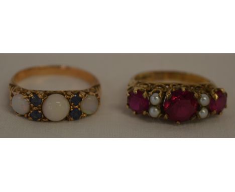 9ct gold opal and blue stone ring, size W also 9ct gold seed pearl and red stone ring, size K, total weight 6.2g&nbsp;