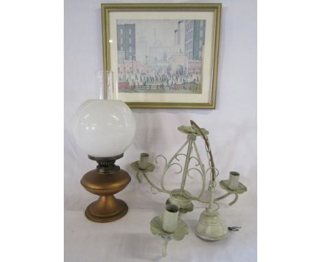 Oil lamp with white shade, 3 arm ceiling light and Lowry print&nbsp; 'Coming from the mill'