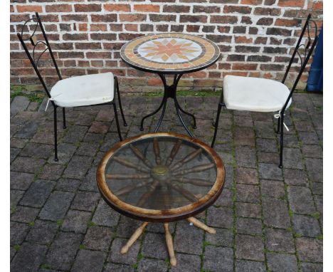 Tile top patio table &amp; 2 chairs &amp; a ship's wheel coffee table