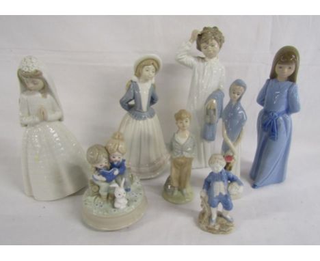 Collection of figurines - includes Nao girl with blue ribbon - 3 other large figures are showing damage/repair