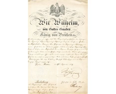 WILHELM I: (1797-1888) King of Prussia 1861-88 and the first German Emperor 1871-88. D.S., Wilhelm, as King of Prussia, one p